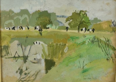 Lot 1286 - *Ian Hay (b.1940) collection of works to include a gouache landscape with cattle, signed and dated 1971, 27cm x 36.5cm, two framed charcoal drawings together with two unframed pencil studies (5)