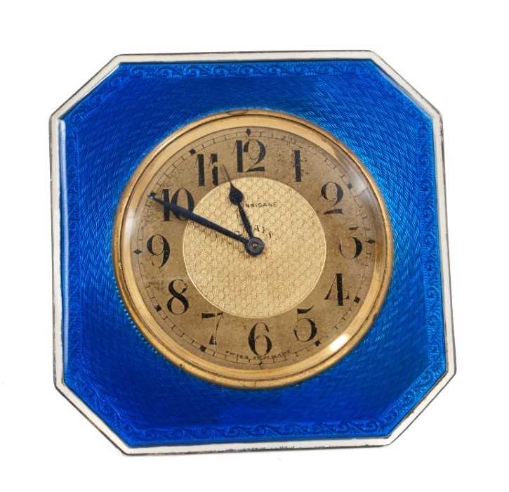 Lot 652 - Art Deco silver and enamel desk clock by