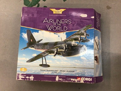 Lot 1822 - Corgi boxed selection of five Aviation Archive models, Hawker Hunter AA32703, Short Sunderland AA3702, F4 AA33210, Canberra AA34701 and The Wright Flyer AA34501 (5)