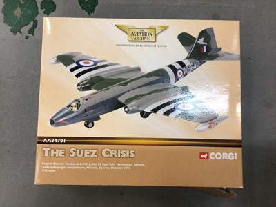 Lot 1822 - Corgi boxed selection of five Aviation Archive models, Hawker Hunter AA32703, Short Sunderland AA3702, F4 AA33210, Canberra AA34701 and The Wright Flyer AA34501 (5)