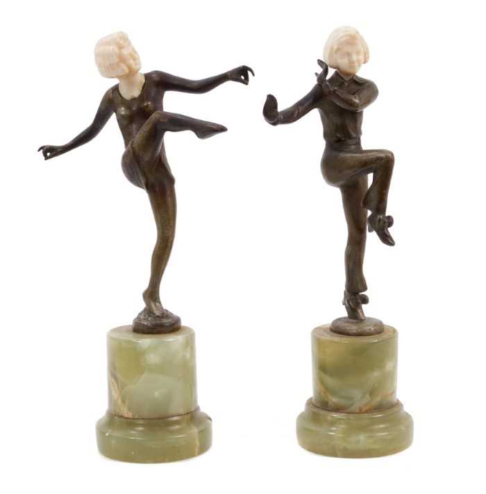 Lot 710 - Pair of Art Deco patinated bronze and carved ivory figures of female dancers