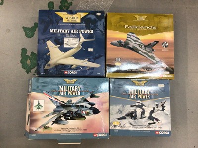 Lot 1823 - Corgi boxed selection of nine Aviation Archive models, Vulcan AA31202, Victor AA31602, Vertol AA33402, Tornado AA33601, Harrier AA32407, Mustang AA32202, Corsair AA33006, Spitfire AA39201 and Hawke...