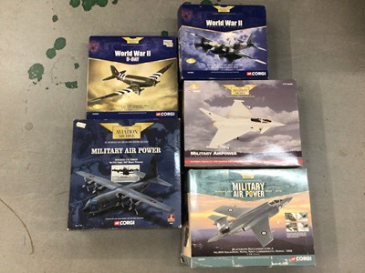 Lot 1824 - Corgi boxed selection of nine Aviation Archive models, Corsair AA33015, Lightening AA32306, Typhoon AA36401, Mosquito AA32803, C47 Dakota AA30003, Lancaster AA47304, Meteor AA35004, Buccaneer AA341...