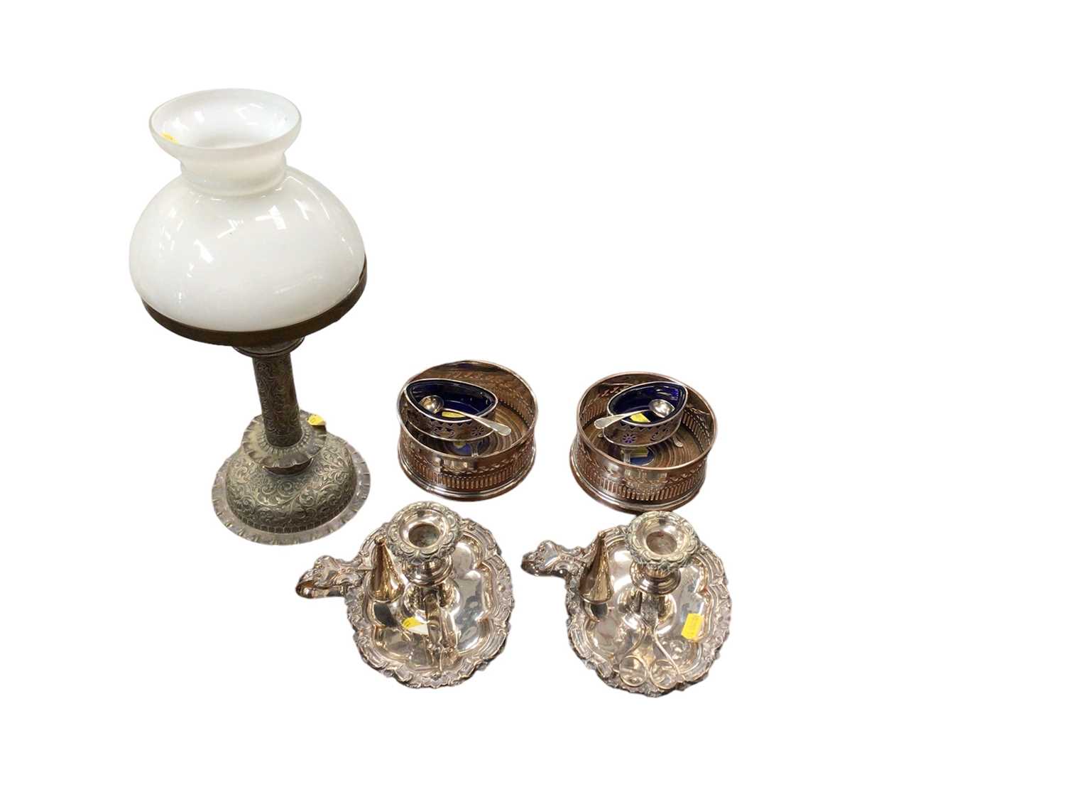 Lot 25 - Pair of Regency Old Sheffield Plate chamber sticks with snuffers, pair of antique silver plated decanter coasters, pair of Georgian silver plated salts with blue glass liners and a pair of Georgian...