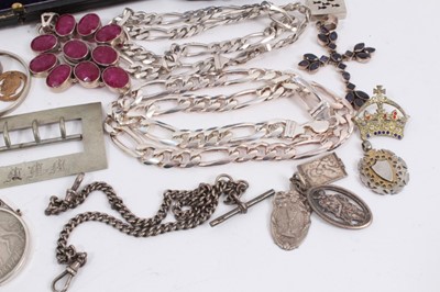 Lot 1027 - Group of silver, white metal and similar jewellery including gem set pendants, necklace chains, rings, watch chains, fobs, coins and cased set of six silver buttons