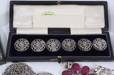 Lot 1027 - Group of silver, white metal and similar jewellery including gem set pendants, necklace chains, rings, watch chains, fobs, coins and cased set of six silver buttons