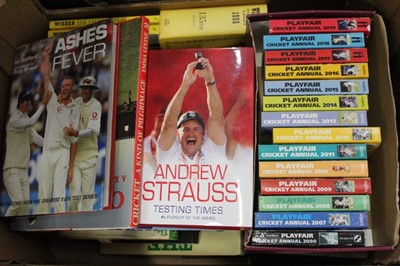 Lot 1655 - Six boxes of cricket books and magazines, including Ian Botham, Andrew Flintoff and Michael Vaughan, some items signed