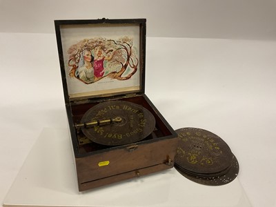 Lot 2617 - Late 19th century Polyphon with six discs, in walnut case.