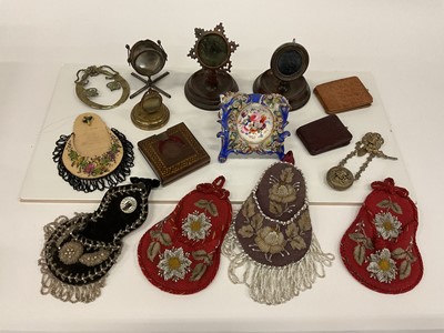 Lot 2613 - Collection of Victorian pocket watch stands to include an early 19th century Coalbrookedale porcelain watch stand, five Victorian glass beadwork wall pocket watch stands, 19th century Tunbridge war...