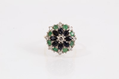 Lot 1050 - 1980s 18ct gold diamond, sapphire and emerald cluster ring