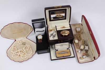 Lot 1055 - Late 19th century mourning brooch, yellow metal knot ring, paste set brooch, pearl necklace and various wristwatches
