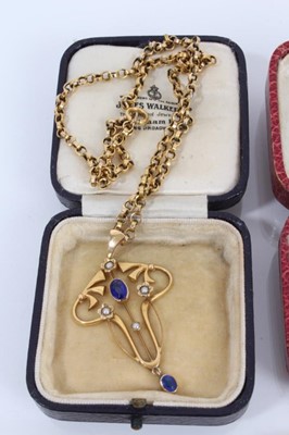 Lot 1065 - Edwardian 9ct gold blue stone and seed pearl pendant on gold chain, two Edwardian gold bar brooches, Edwardian gold pendant, heart shape locket with gold back and front, and a 1920s ladies 9ct gold...