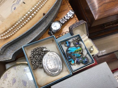 Lot 1067 - Vintage costume jewellery and bijouterie to include a Tissot wristwatch, Victorian silver locket on chain, silver and butterfly wing jewellery and various vintage costume jewellery