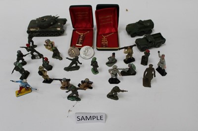 Lot 1837 - One box of diecast military dinky toys and plastic model soldiers (1 box)