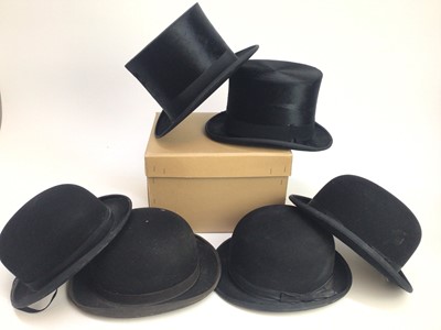 Lot 921 - Four vintage black hunting bowler hats, Herbert Johnson, Patey and others, together with two silk top hats (6)