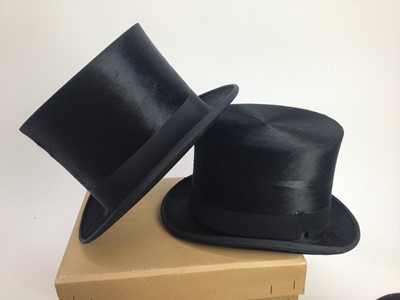 Lot 921 - Four vintage black hunting bowler hats, Herbert Johnson, Patey and others, together with two silk top hats (6)