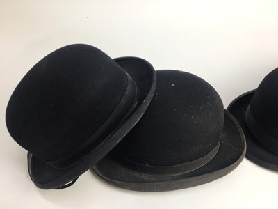 Lot 921 - Four vintage black hunting bowler hats, Herbert Johnson, Patey and others, together with two silk top hats (6)