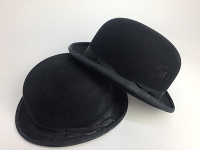 Lot 921 - Four vintage black hunting bowler hats, Herbert Johnson, Patey and others, together with two silk top hats (6)