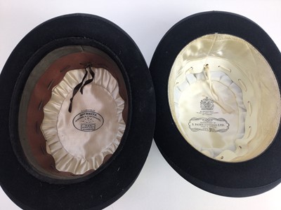 Lot 921 - Four vintage black hunting bowler hats, Herbert Johnson, Patey and others, together with two silk top hats (6)