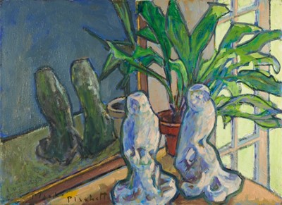 Lot 1050 - Joseph Plaskett (1918-2014) oil on canvas - Still Life with Owls, signed, dated verso '01, 74cm x 100cm, unframed