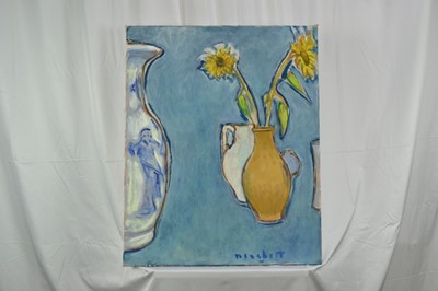 Lot 1052 - Joseph Plaskett (1918-2014) oil on canvas - Still Life, Two Small Sunflowers, signed, titled verso, 82cm x 66cm, unframed