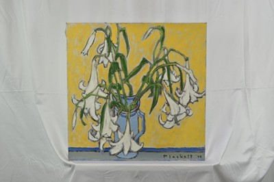 Lot 1053 - Joseph Plaskett (1918-2014) oil on canvas - Still Life, White Flowers, Blue Jug, signed and dated '04, titled verso, 51cm square