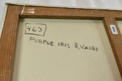 Lot 1054 - Joseph Plaskett (1918-2014) oil on canvas - Still Life, Purple Iris & Vases, signed, titled verso, 100cm x 73cm, unframed