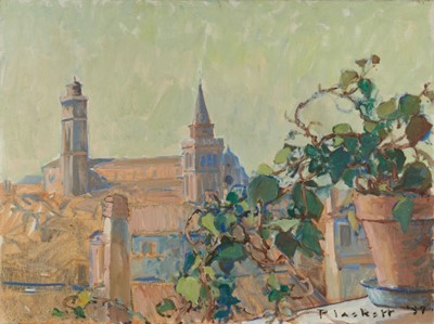 Lot 1056 - Joseph Plaskett (1918-2014) oil on canvas - Rooftops Venice, titled verso, signed and dated '97, 60cm x 80cm, unframed