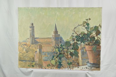 Lot 1056 - Joseph Plaskett (1918-2014) oil on canvas - Rooftops Venice, titled verso, signed and dated '97, 60cm x 80cm, unframed