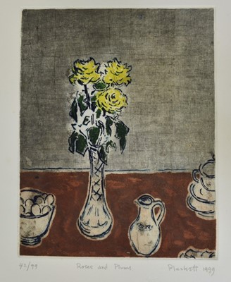 Lot 1057 - Joseph Plaskett (1918-2014) signed coloured etching - Roses and Plums, dated 1999, 42/99, 24cm x 18cm, unframed