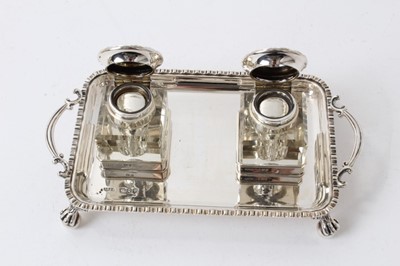 Lot 201 - Victorian Georgian-style silver inkstand with twin silver mounted glass bottles