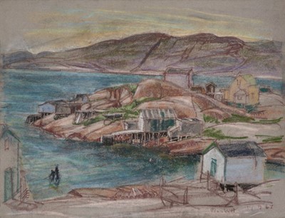Lot 1073 - Joseph Plaskett (1918-2014) pastel - Mutton Bay, Quebec, signed and dated '67, 45cm x 68cm, unframed
