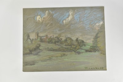 Lot 1074 - Joseph Plaskett (1918-2014) pastel - Church in a Suffolk Landscape, signed, 66cm x 50cm, unframed