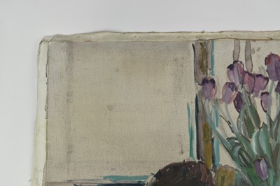 Lot 1075 - Joseph Plaskett (1918-2014) oil on unstretched canvas - Damien and Purple Tulips, signed, 104cm x 80cm