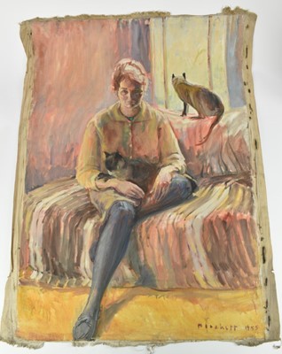 Lot 1078 - Joseph Plaskett (1918-2014) oil on unstretched canvas - Portrait of Diana and Cats, signed and dated 1955, 115cm x 82cm