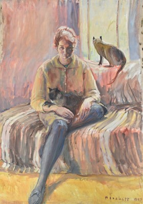Lot 1078 - Joseph Plaskett (1918-2014) oil on unstretched canvas - Portrait of Diana and Cats, signed and dated 1955, 115cm x 82cm
