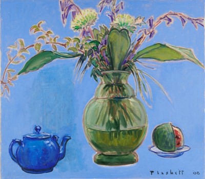 Lot 1079 - Joseph Plaskett (1918-2014) oil on canvas - Vase, Bouquet and Watermelon, signed and dated '08, 78cm x 87cm, unframed