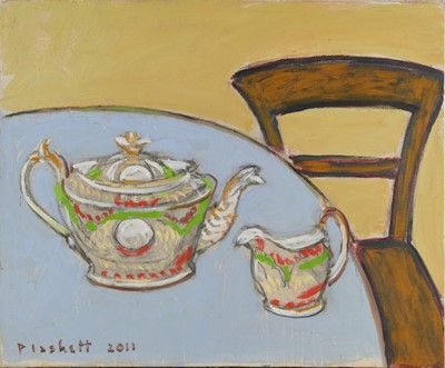 Lot 1082 - Joseph Plaskett (1918-2014) oil on canvas - Still Life, Teapot and Jug, signed and dated 2011, 50cm x 61cm, unframed