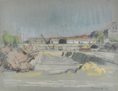 Lot 1083 - Joseph Plaskett (1918-2014) pastel - Construction Site, signed and dated '66, 50cm x 65cm, unframed