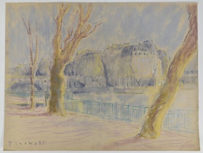 Lot 1084 - Joseph Plaskett (1918-2014) pastel - Parisian Riverscape, signed, 50cm x 65cm, unframed