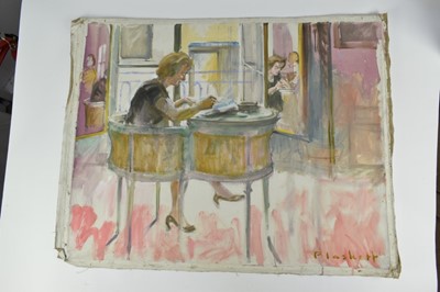 Lot 1088 - Joseph Plaskett (1918-2014) oil on unstretched canvas - Lady at a Writing Desk, indistinctly titled verso, signed, 73cm x 90cm