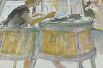 Lot 1088 - Joseph Plaskett (1918-2014) oil on unstretched canvas - Lady at a Writing Desk, indistinctly titled verso, signed, 73cm x 90cm