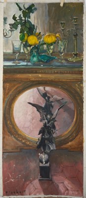 Lot 1090 - Joseph Plaskett (1918-2014) oil on unstretched canvas - Still Life and Mirror, signed, 128cm x 54cm