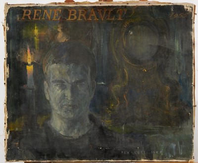 Lot 1091 - Joseph Plaskett (1918-2014) oil on canvas - Portrait of Rene Brault (Bro) signed and dated 1955, 46cm x 55cm, unframed  
NB: the title is believed to be the hand of David Hill (1914-1977)