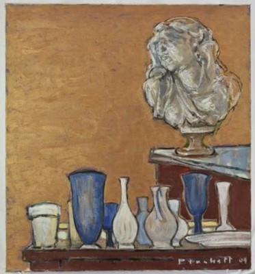 Lot 1092 - Joseph Plaskett (1918-2014) oil on canvas - Still Life, Vases & Bust, signed and dated '04, titled verso, 66cm x 62cm, unframed