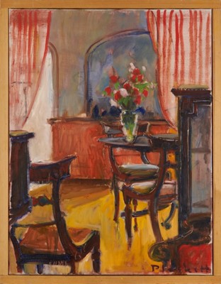 Lot 1093 - Joseph Plaskett (1918-2014) oil on canvas - Dining Room, The Cedars, signed, titled verso, 65cm x 51cm, framed