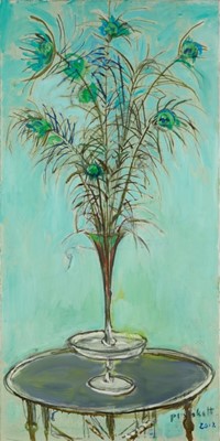 Lot 1099 - Joseph Plaskett (1918-2014) oil on canvas - Still Life, Peacock Feathers, signed and dated 2012, 121cm x 60cm, unframed