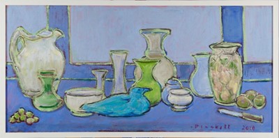 Lot 1102 - Joseph Plaskett (1918-2014) oil on canvas - Still Life, Vases with Seagull, signed and dated 2010, 49cm x 101cm, framed
