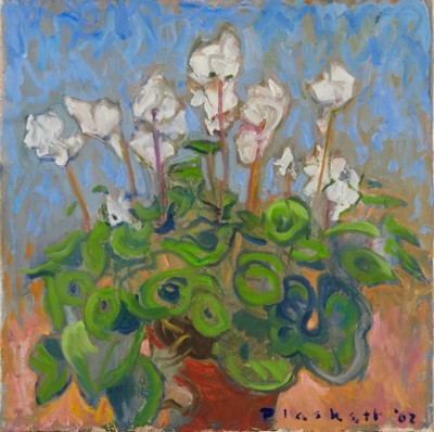 Lot 1105 - Joseph Plaskett (1918-2014) oil on canvas - Still Life, White Cyclamen, signed and dated '02, 51cm square