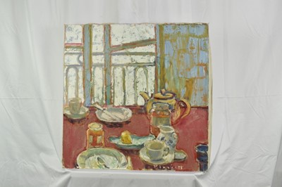 Lot 1106 - Joseph Plaskett (1918-2014) oil on canvas - Still Life, Breakfast, signed, titled verso, 61cm x 60cm, unframed